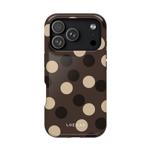 Autumn Polkadot iPhone case by Loevas – beige and black polka dots on brown, back view