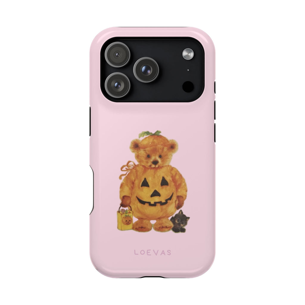 Pumpkin iPhone case by Loevas – a teddy bear in a pumpkin costume on pink, back view