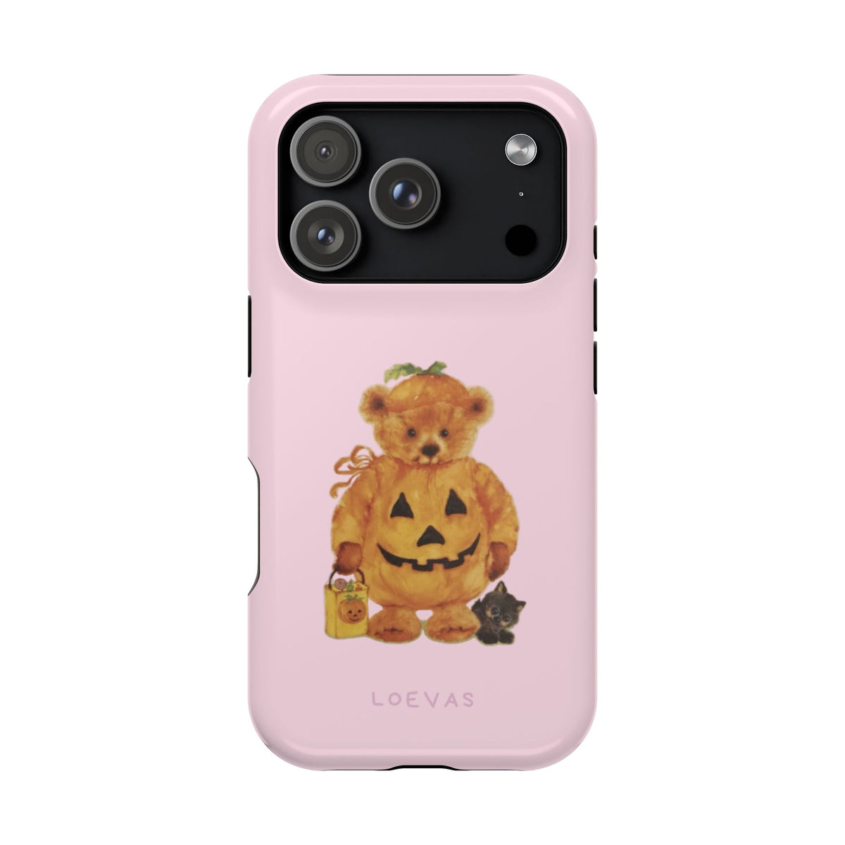 Pumpkin iPhone case by Loevas – a teddy bear in a pumpkin costume on pink, back view