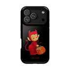 Little Devil iPhone case by Loevas – a vintage little devil with a pumpkin on black, back view