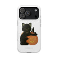 Black Cat iPhone case by Loevas – a black cat in a witch hat with a pumpkin, back view
