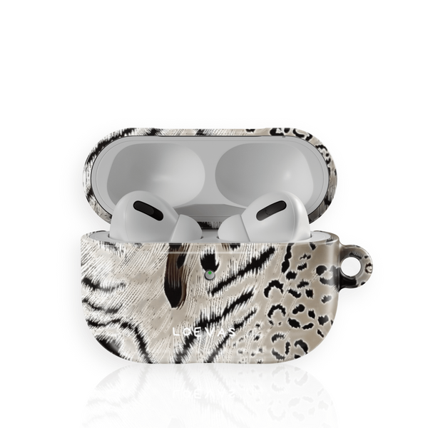Jungle Muse AirPods Case by Loevas – tiger and leopard print in grey and sand