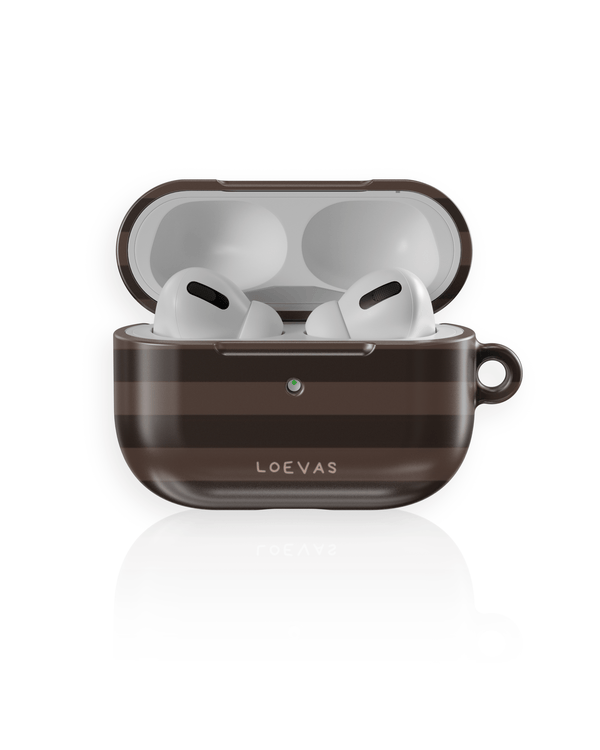 Chocolate AirPods Case by Loevas – "Lucky" in white script on brown stripes