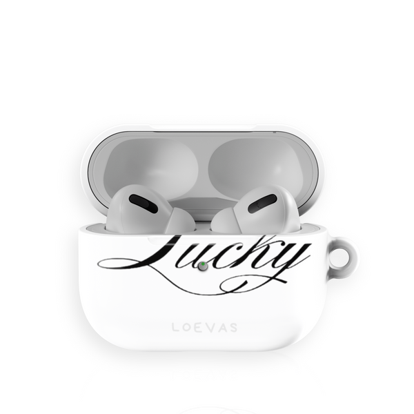 Lucky AirPods Case by Loevas – "Lucky" in black script on white
