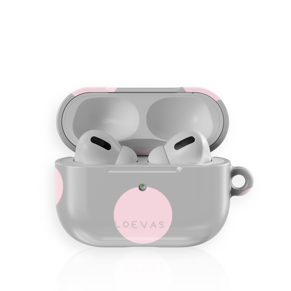 Grey PolkaDot AirPods Case by Loevas – a pink dot on soft grey
