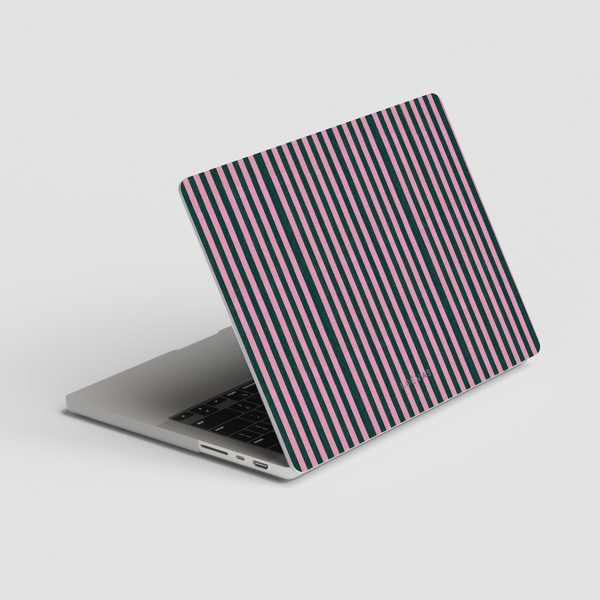 Rosie MacBook Case by Loevas – pink and deep green vertical stripes