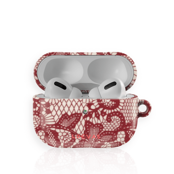 Sexy Red AirPods Case by Loevas – burgundy lace print on cream